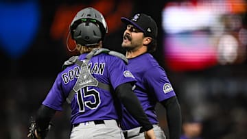 May 1, 2025; San Francisco, California, USA; Colorado Rockies pitcher Zachary Agnos (36) celebrates with catcher Hunter Goodman (15) after their win over the San Francisco Giants in the ninth inning at Oracle Park. Mandatory Credit: Eakin Howard-Imagn Images