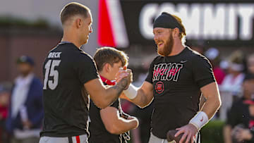 Oct 7, 2023; Athens, Georgia, USA; Georgia Bulldogs quarterbacks Carson Beck (15) and quarterback Brock Vandagriff (12) react on the field prior to the game against the Kentucky Wildcats at Sanford Stadium. Mandatory Credit: Dale Zanine-Imagn Images