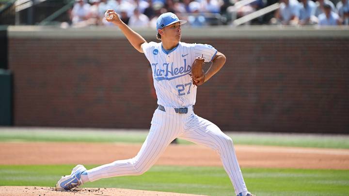 June 7, 2026; Chapel Hill, NC, USA;  North Carolina Tar Heels pitcher Caden Glauber  (27) pitches the ball to the USC Trojans during the first inning at Boshamer Stadium. Mandatory Credit: Zachary Taft-Imagn Images