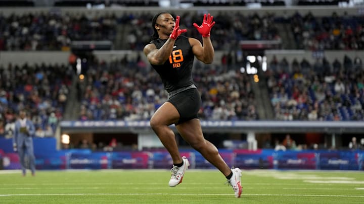 Ohio State running back Quinshon Judkins during the 2025 NFL Combine at Lucas Oil Stadium.