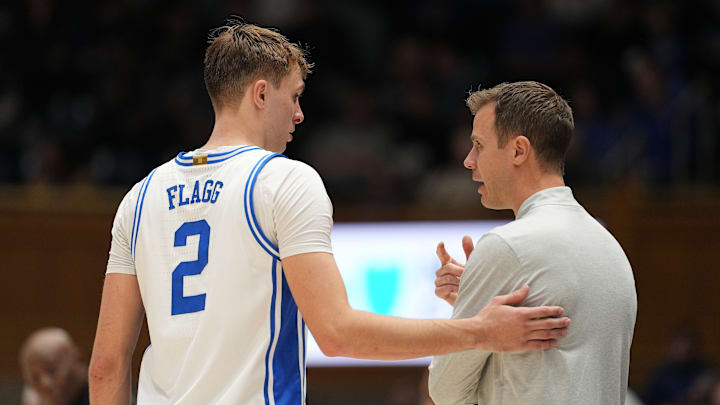 Seattle v Duke; Duke basketball coach Jon Scheyer and forward Cooper Flagg