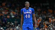 Nov 26, 2025; Las Vegas, NV, USA; Kansas Jayhawks forward Flory Bidunga (40) reacts in the second half against the Tennessee Volunteers in the 2025 Players Era Festival third place game at MGM Grand Garden Arena. Mandatory Credit: Kirby Lee-Imagn Images