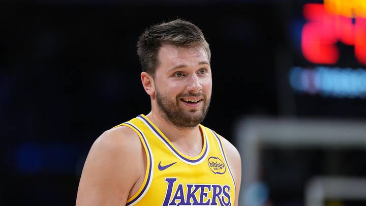Mar 6, 2026; Los Angeles, California, USA; Los Angeles Lakers guard Luka Doncic (77) reacts against the Indiana Pacers in the second half at Crypto.com Arena. Mandatory Credit: Kirby Lee-Imagn Images