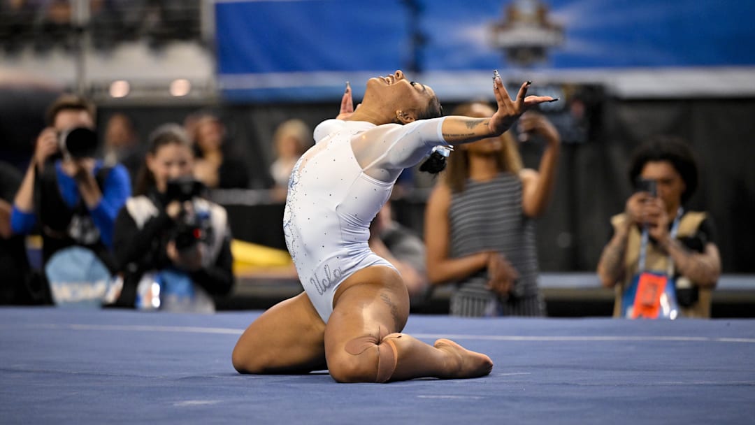 Apr 19, 2025; Fort Worth, TX, USA; UCLA Bruins gymnast Jordan Chiles performs on floor exercise during the 2025 Women's National Gymnastics Championship at Dickies Arena.