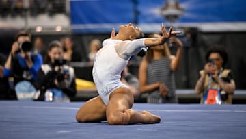 Apr 19, 2025; Fort Worth, TX, USA; UCLA Bruins gymnast Jordan Chiles performs on floor exercise during the 2025 Women's National Gymnastics Championship at Dickies Arena.