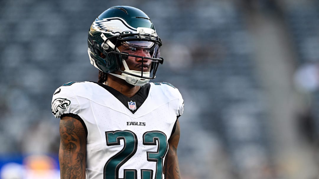 Aug 22, 2025; East Rutherford, New Jersey, USA; Philadelphia Eagles cornerback Eli Ricks (23) warms up before the game against the New York Jets at MetLife Stadium. Mandatory Credit: Mark Smith-Imagn Images