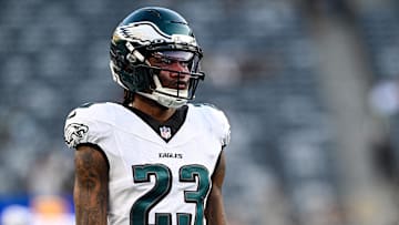 Aug 22, 2025; East Rutherford, New Jersey, USA; Philadelphia Eagles cornerback Eli Ricks (23) warms up before the game against the New York Jets at MetLife Stadium. Mandatory Credit: Mark Smith-Imagn Images