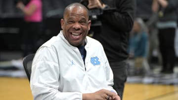 Mar 27, 2024; Los Angeles, CA, USA; North Carolina Tar Heels head coach Hubert Davis laughs during practice for their Sweet Sixteen college basketball game in the NCAA tournament at Crypto.com Arena. Mandatory Credit: Jayne Kamin-Oncea-USA TODAY Sports