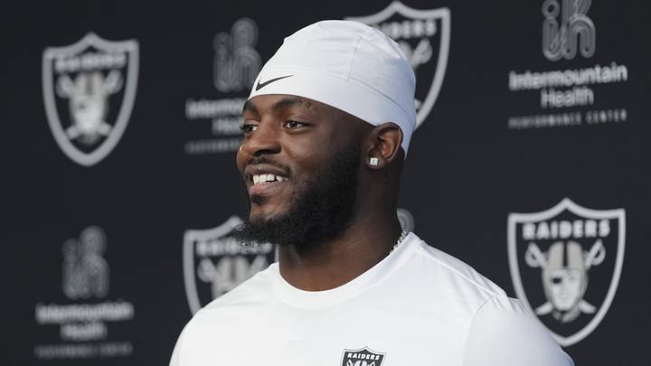 Las Vegas Raiders defensive end Keyron Crawford speaks during a news conference.