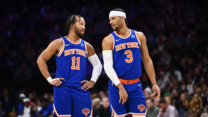 Jan 5, 2024; Philadelphia, Pennsylvania, USA; New York Knicks guard Jalen Brunson (11) reacts with guard Josh Hart (3) against the Philadelphia 76ers in the second quarter at Wells Fargo Center. Mandatory Credit: Kyle Ross-USA TODAY Sports