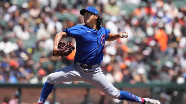 Jun 27, 2024; San Francisco, California, USA; Chicago Cubs starting pitcher Shota Imanaga (18) throws a pitch against the San Francisco Giants during the first inning at Oracle Park. Mandatory Credit: Darren Yamashita-USA TODAY Sports