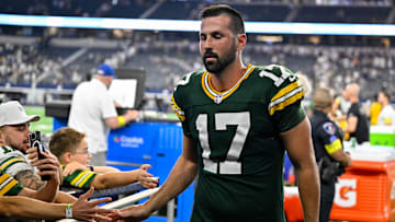 Green Bay Packers place kicker Brandon McManus (17) walks off the field after he kicks the game-tying field goal in overtime during the game between the Dallas Cowboys and the Green Bay Packers at AT&T Stadium.