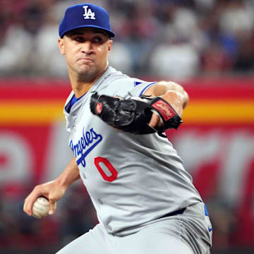 Sep 2, 2024; Phoenix, Arizona, USA; Los Angeles Dodgers pitcher Jack Flaherty (0) pitches against the Arizona Diamondbacks during the fourth inning at Chase Field.