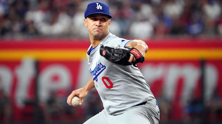 Sep 2, 2024; Phoenix, Arizona, USA; Los Angeles Dodgers pitcher Jack Flaherty (0) pitches against the Arizona Diamondbacks during the fourth inning at Chase Field.