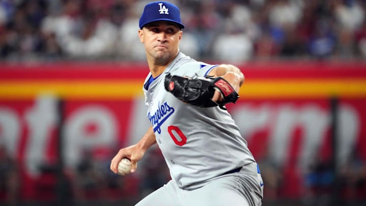 Sep 2, 2024; Phoenix, Arizona, USA; Los Angeles Dodgers pitcher Jack Flaherty (0) pitches against the Arizona Diamondbacks during the fourth inning at Chase Field.