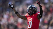 Oct 11, 2025; Cincinnati, Ohio, USA; Cincinnati Bearcats cornerback Matthew McDoom (0) reacts during a stop in play against the UCF Knights in the second half at Nippert Stadium. Mandatory Credit: Aaron Doster-Imagn Images