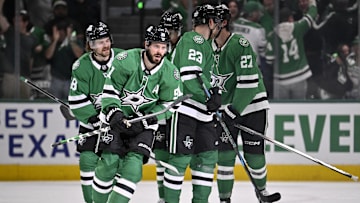 May 21, 2025; Dallas, Texas, USA; Dallas Stars center Tyler Seguin (91) reacts after scoring a goal against Edmonton Oilers in the first period during game one of the Western Conference Final of the 2025 Stanley Cup Playoffs at American Airlines Center. Mandatory Credit: Jerome Miron-Imagn Images
