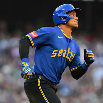 Seattle Mariners designated hitter Jorge Polanco runs after hitting a home run against the Kansas City Royals on July 3 at T-Mobile Park.