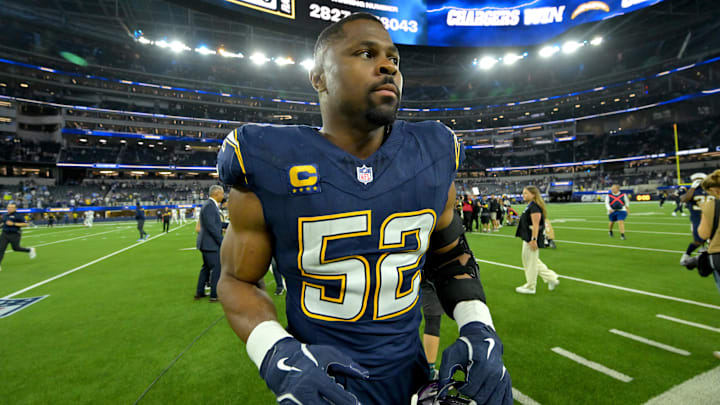 Oct 23, 2025; Inglewood, California, USA;  Los Angeles Chargers outside linebacker Khalil MacK (52) as he leaves the field following the game against the Minnesota Vikings at SoFi Stadium. Mandatory Credit: Jayne Kamin-Oncea-Imagn Images