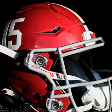 Nov 23, 2024; Norman, Oklahoma, USA; Alabama Crimson Tide helmet prior to a game against the Oklahoma Sooners at Gaylord Family-Oklahoma Memorial Stadium. Mandatory Credit: William Purnell-Imagn Images