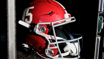 Nov 23, 2024; Norman, Oklahoma, USA; Alabama Crimson Tide helmet prior to a game against the Oklahoma Sooners at Gaylord Family-Oklahoma Memorial Stadium. Mandatory Credit: William Purnell-Imagn Images