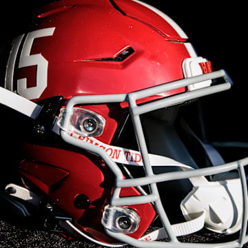 Nov 23, 2024; Norman, Oklahoma, USA; Alabama Crimson Tide helmet prior to a game against the Oklahoma Sooners at Gaylord Family-Oklahoma Memorial Stadium. Mandatory Credit: William Purnell-Imagn Images