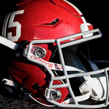 Nov 23, 2024; Norman, Oklahoma, USA; Alabama Crimson Tide helmet prior to a game against the Oklahoma Sooners at Gaylord Family-Oklahoma Memorial Stadium. Mandatory Credit: William Purnell-Imagn Images