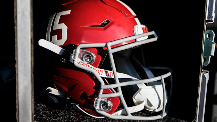 Nov 23, 2024; Norman, Oklahoma, USA; Alabama Crimson Tide helmet prior to a game against the Oklahoma Sooners at Gaylord Family-Oklahoma Memorial Stadium. Mandatory Credit: William Purnell-Imagn Images Nov 23, 2024; Norman, Oklahoma, USA; Alabama Crimson Tide helmet prior to a game against the Oklahoma Sooners at Gaylord Family-Oklahoma Memorial Stadium. Mandatory Credit: William Purnell-Imagn Images