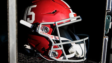 Nov 23, 2024; Norman, Oklahoma, USA; Alabama Crimson Tide helmet prior to a game against the Oklahoma Sooners at Gaylord Family-Oklahoma Memorial Stadium. Mandatory Credit: William Purnell-Imagn Images