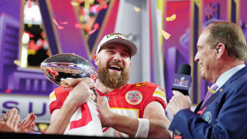 Feb 11, 2024; Paradise, Nevada, USA; Kansas City Chiefs tight end Travis Kelce (87) celebrates while being interviewed by CBS commentator Jim Nantz after winning Super Bowl LVIII against the San Francisco 49ers at Allegiant Stadium. Mandatory Credit: Kirby Lee-USA TODAY Sports