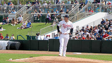 Fort Myers, Florida, USA; Minnesota Twins pitcher Zebby Matthews (52) pitching in the first inning of their game with the Atlanta Braves at Lee Health Sports Complex.