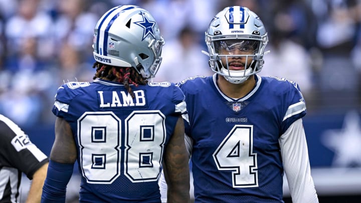 Dallas Cowboys wide receiver CeeDee Lamb and quarterback Dak Prescott on the field together against the Bears.