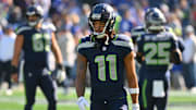Oct 6, 2024; Seattle, Washington, USA; Seattle Seahawks wide receiver Jaxon Smith-Njigba (11) during warmups before the game against the New York Giants at Lumen Field. Mandatory Credit: Steven Bisig-Imagn Images