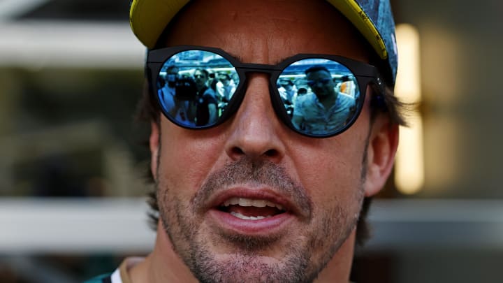 May 2, 2024; Miami Gardens, Florida, USA; Aston Martin driver Fernando Alonso (14) talks to the media in advance of the F1 Miami Grand Prix at the Miami International Autodrome. Mandatory Credit: Peter Casey-USA TODAY Sports