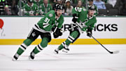 Apr 28, 2025; Dallas, Texas, USA; Dallas Stars center Tyler Seguin (91) and center Matt Duchene (95) skates against the Colorado Avalanche during the second period in game five of the first round of the 2025 Stanley Cup Playoffs at American Airlines Center. Mandatory Credit: Jerome Miron-Imagn Images
