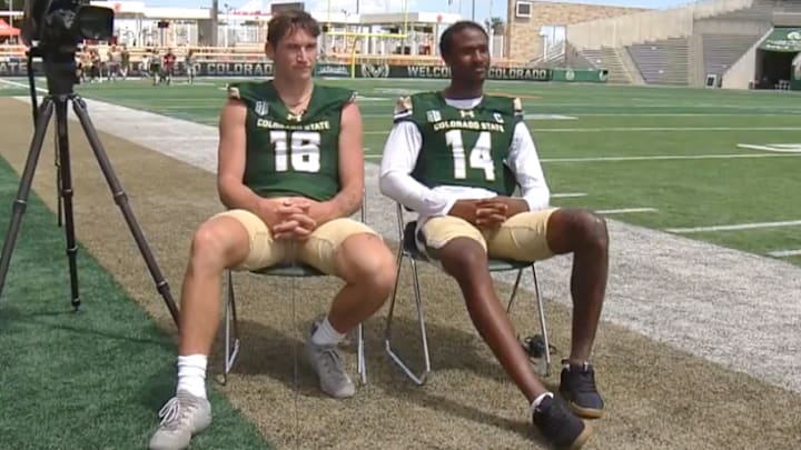 Colorado State quarterback Brayden Fowler-Nicolosi and wide receiver Tory Horton speak during an interview ahead of the Rams' game against Colorado. 