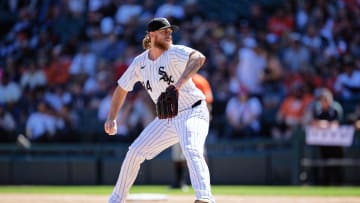 May 25, 2024; Chicago, Illinois, USA;  Chicago White Sox pitcher Michael Kopech (34) pitches against the Baltimore Orioles at Guaranteed Rate Field. Mandatory Credit: Jamie Sabau-USA TODAY Sports