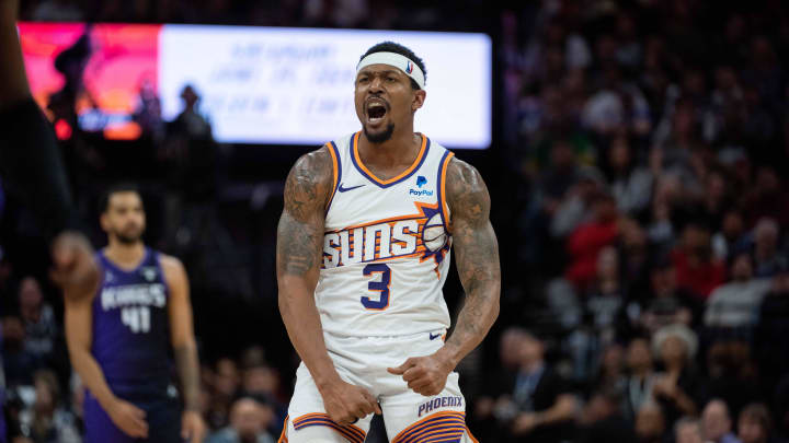 Apr 12, 2024; Sacramento, California, USA; Phoenix Suns guard Bradley Beal (3) celebrates after scoring against the Sacramento Kings during the fourth quarter at Golden 1 Center. Mandatory Credit: Ed Szczepanski-USA TODAY Sports