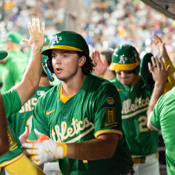 West Sacramento, California, USA; Athletics first baseman Nick Kurtz (16) celebrates with teammates after hitting a home run against the Toronto Blue Jays during the sixth inning at Sutter Health Park.
