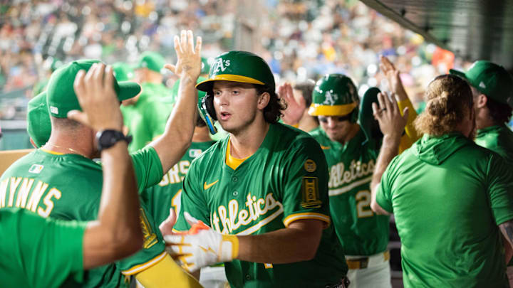West Sacramento, California, USA; Athletics first baseman Nick Kurtz (16) celebrates with teammates after hitting a home run against the Toronto Blue Jays during the sixth inning at Sutter Health Park.