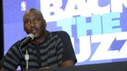 May 21, 2013; Charlotte, NC, USA; NBA team owner Michael Jordan announces that the Charlotte Bobcats will change their name and branding to the Charlotte Hornets starting in the 2014 2015 season at Time Warner Cable Arena. Mandatory Credit: Sam Sharpe-Imagn Images