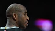 Apr 6, 2025; Portland, Oregon, USA; San Antonio Spurs point guard Chris Paul (3) looks on during the second half against the Portland Trail Blazers at Moda Center. Mandatory Credit: Soobum Im-Imagn Images