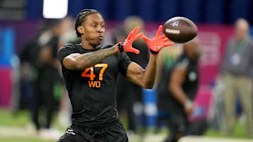 UNLV wideout Ricky White (WO47) during the 2025 NFL Combine at Lucas Oil Stadium. 