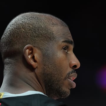 Apr 6, 2025; Portland, Oregon, USA; San Antonio Spurs point guard Chris Paul (3) looks on during the second half against the Portland Trail Blazers at Moda Center. Mandatory Credit: Soobum Im-Imagn Images