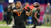 Indianapolis, IN, USA; UNLV wideout Ricky White (WO47) during the 2025 NFL Combine at Lucas Oil Stadium. Mandatory Credit: Kirby Lee-Imagn Images