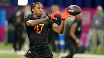Indianapolis, IN, USA; UNLV wideout Ricky White (WO47) during the 2025 NFL Combine at Lucas Oil Stadium. Mandatory Credit: Kirby Lee-Imagn Images