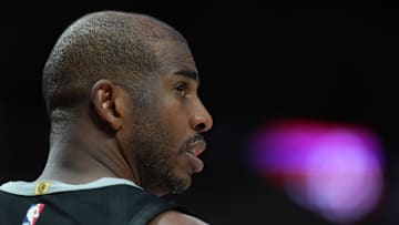 Apr 6, 2025; Portland, Oregon, USA; San Antonio Spurs point guard Chris Paul (3) looks on during the second half against the Portland Trail Blazers at Moda Center. Mandatory Credit: Soobum Im-Imagn Images