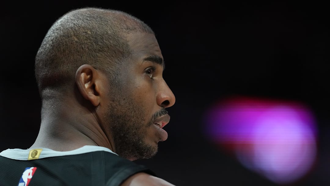 Apr 6, 2025; Portland, Oregon, USA; San Antonio Spurs point guard Chris Paul (3) looks on during the second half against the Portland Trail Blazers at Moda Center. Mandatory Credit: Soobum Im-Imagn Images
