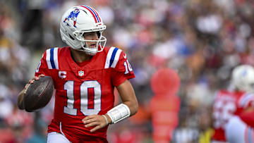 Sep 21, 2025; Foxborough, Massachusetts, USA; New England Patriots quarterback Drake Maye (10) during the third quarter at Gillette Stadium. Mandatory Credit: Brian Fluharty-Imagn Images