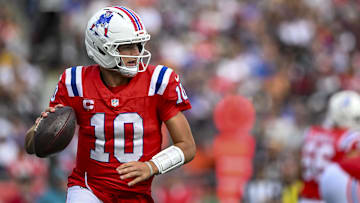 Sep 21, 2025; Foxborough, Massachusetts, USA; New England Patriots quarterback Drake Maye (10) during the third quarter at Gillette Stadium. Mandatory Credit: Brian Fluharty-Imagn Images